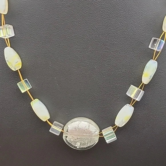 AB Cube & Givre Art Glass Necklace Bracelet and Earring Set Gold Tone Wire